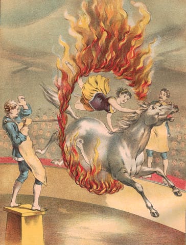 Illustration of a Circus Performer Jumping Through a Ring of Fire