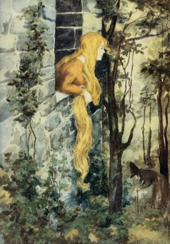 Grimm's Fairy Tales Book Illustration with Rapunzel in Her Tower