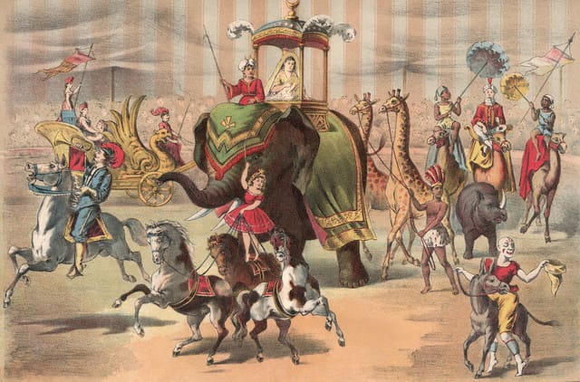 Illustration of Circus Performers Riding Animals