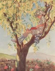 Child reading book in flowering tree by Violet Edgecombe Jenkins