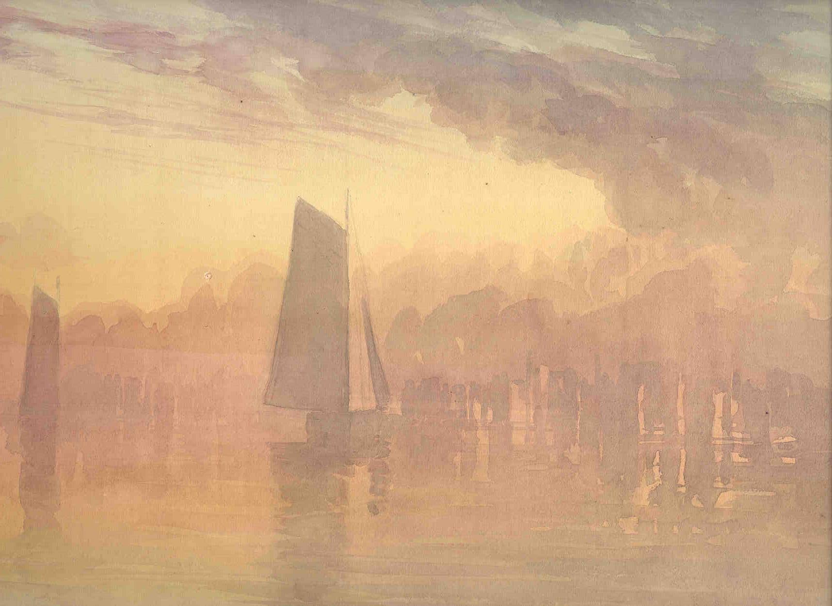 Hudson River: Sailboats at Sunset by Truman Seymour via Wiki Commons